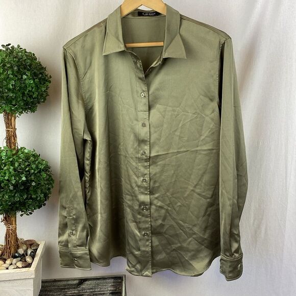 Ralph Lauren Taupe Long Sleeve Button Up Blouse Top NEW XL - Picture 1 of 4